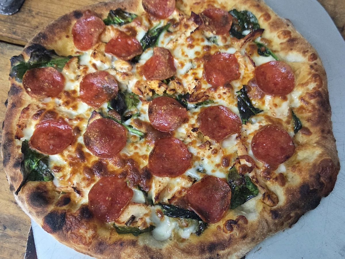 Pepperoni & Spinach — Pepperoni · spinach · wood-fired at Rihana's Pizza & Wings, North Phoenix