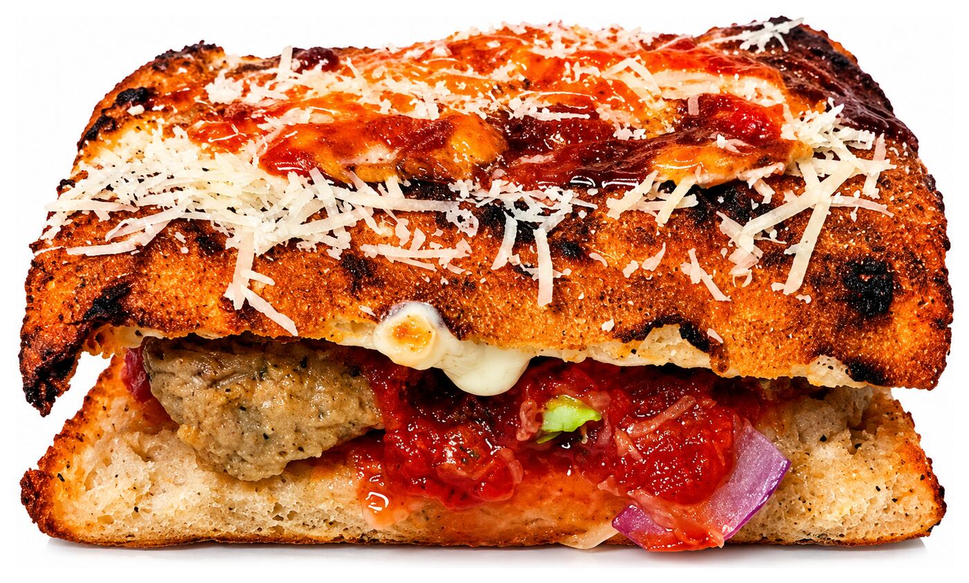 Rihana Roll with a meatball, marinara, melted cheese, and a slice of red onion
